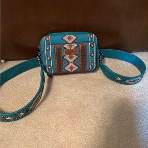 Wrangler Blue and Brown Crossbody Bag with Geometric Pattern